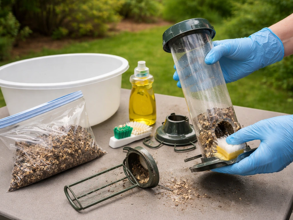 Gloved hands disassembling and scrubbing a bird feeder, with a sealed bag of old seed and droppings nearby.