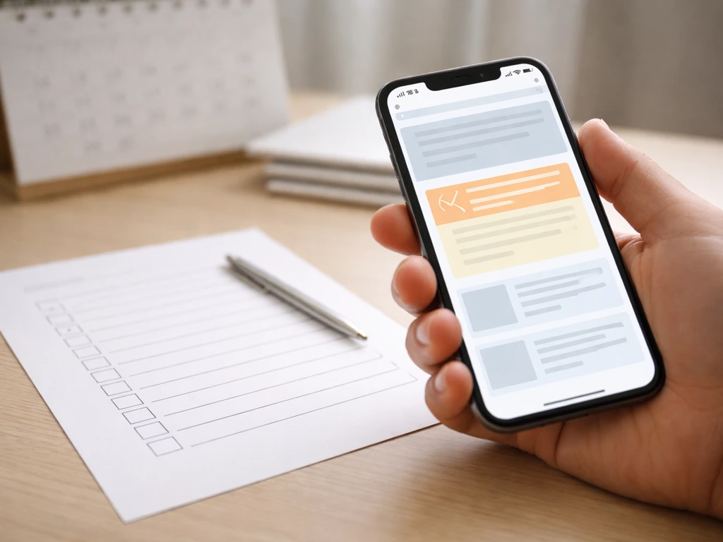 Hand checking a smartphone and a blank printed checklist on a desk about local outbreak guidance.
