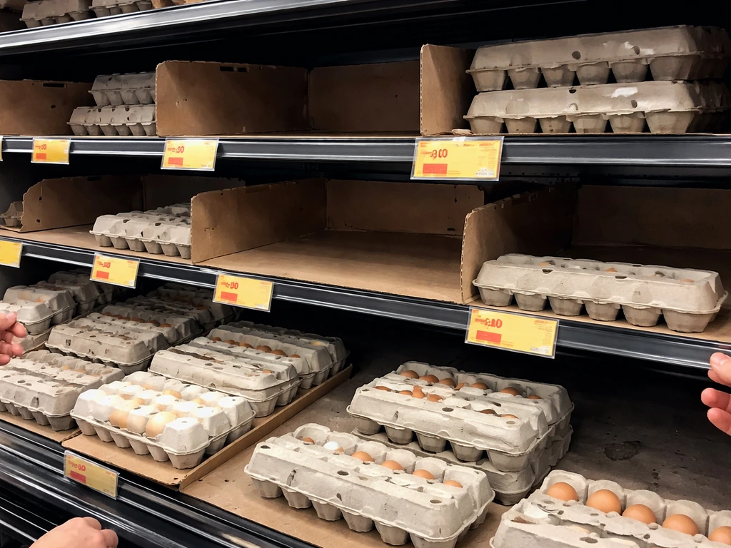 Grocery store egg shelf with sparse stock and higher-looking price tags during a bird flu outbreak.