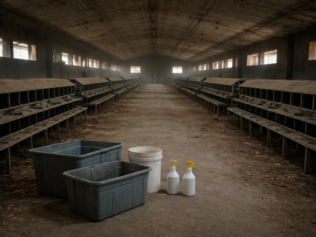 Empty poultry barn aisle with sanitation supplies on the floor, indicating egg supply disruption after HPAI detection.