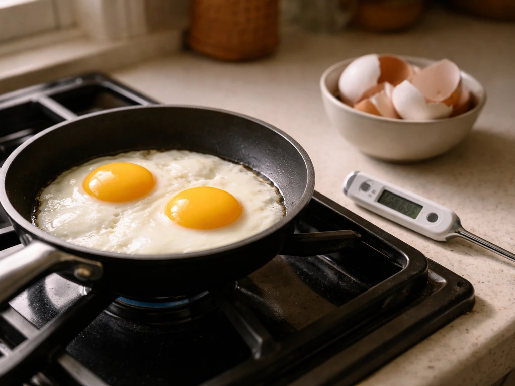 Fully cooked eggs with firm yolks in a pan and a food thermometer on the counter.