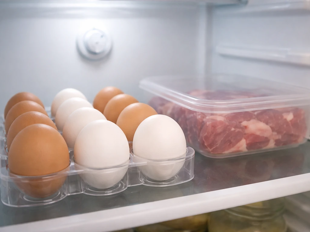 Intact eggs in a fridge egg tray with separate sealed raw meat container for safe handling.