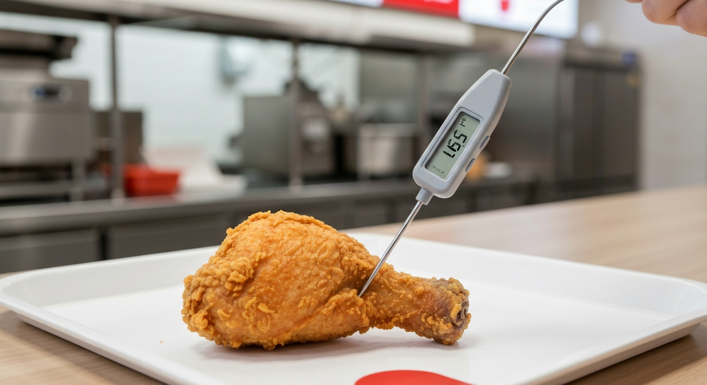 Photorealistic image of a piece of fried chicken with a probe thermometer reading 165°F/74°C, on a tray in a fast-food kitchen setting.