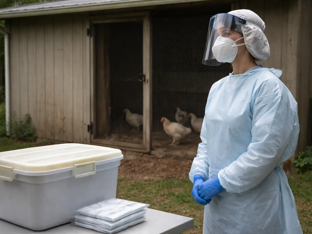 Gloved clinician in PPE standing by a sealed poultry coop setup, suggesting safe medical care and vigilance.