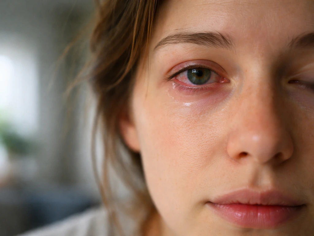 Close-up of a person’s red, irritated eye with watery discharge beside a blurred, normal-seasonal flu backdrop.