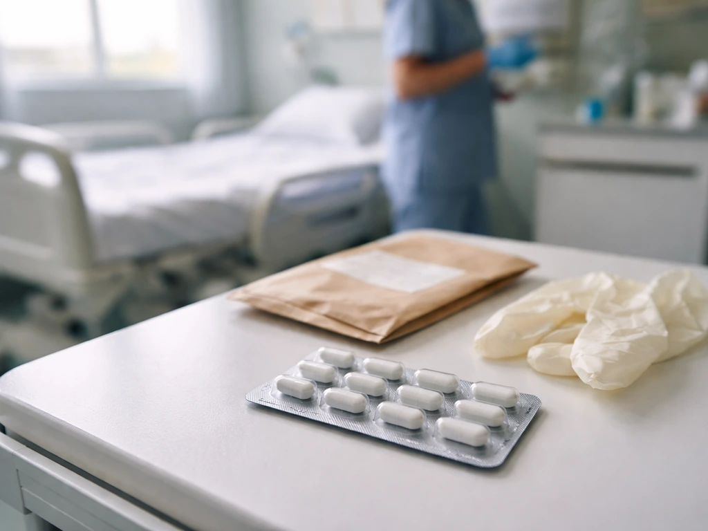 Oseltamivir blister pack beside a hospital bed with a nurse preparing antiviral medication