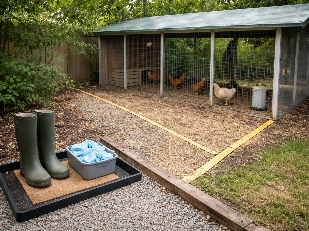 Backyard chicken coop with boot-change station and clear clean/dirty separation for biosecurity.