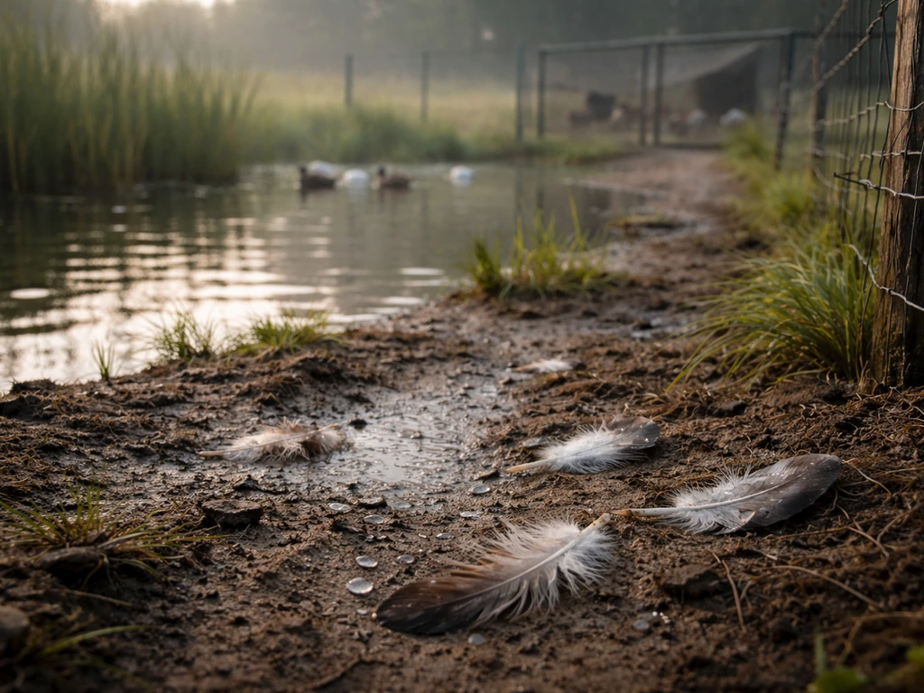 Wild waterfowl near a farm pond with visible contamination cues on feathers and ground path toward domestic birds.