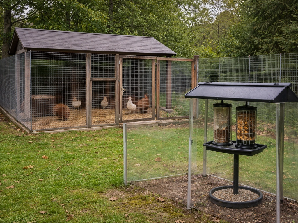 Enclosed coop with solid roof and wire mesh, with a covered feeder placed away from flock access.