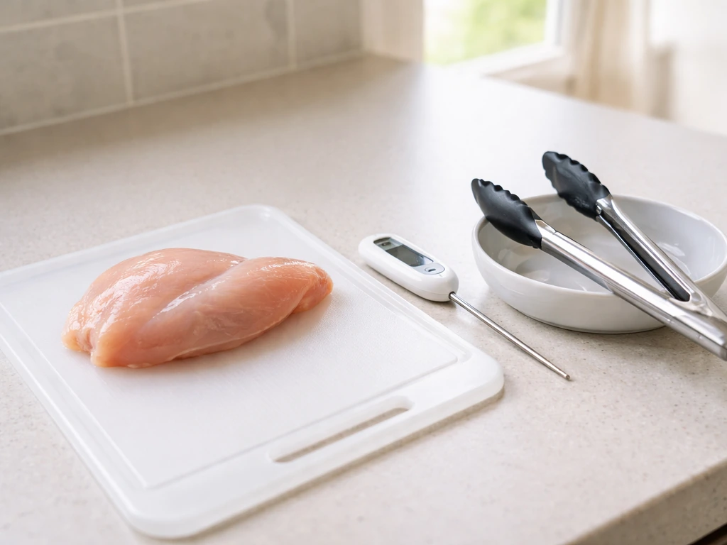 Raw poultry on a cutting board with a separate utensil and food thermometer for safe handling.
