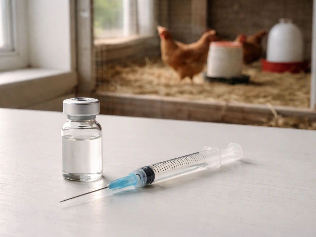Vial and syringe in foreground with an out-of-focus poultry coop in the background.