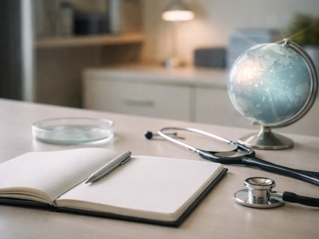 Minimal desk with lab notebook, petri dish, stethoscope, and a globe suggesting bird-flu surveillance.