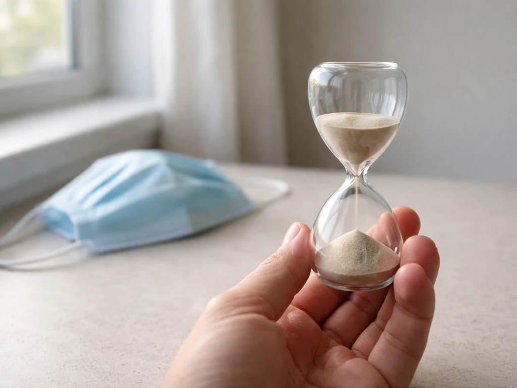 Minimal close-up of a hand holding a small hourglass beside a blurred medical mask and clinic window light