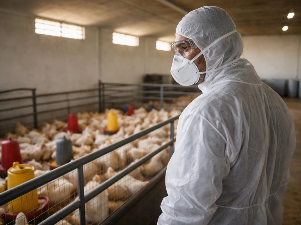 Gloved worker in full PPE standing by a live poultry holding area with protective eyewear and respirator