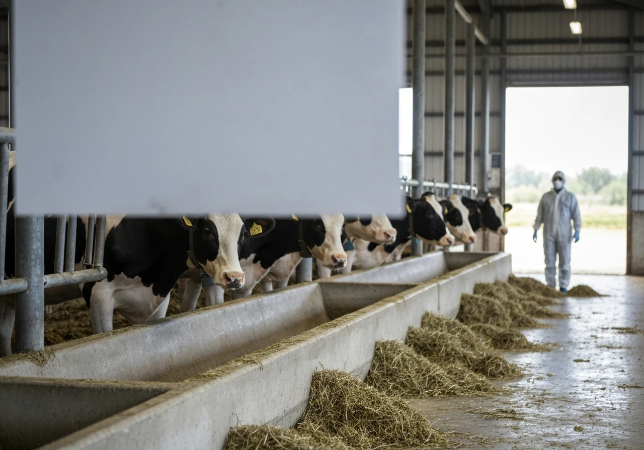 Dairy cows in a clean barn with subtle biosecurity signage context in the background.