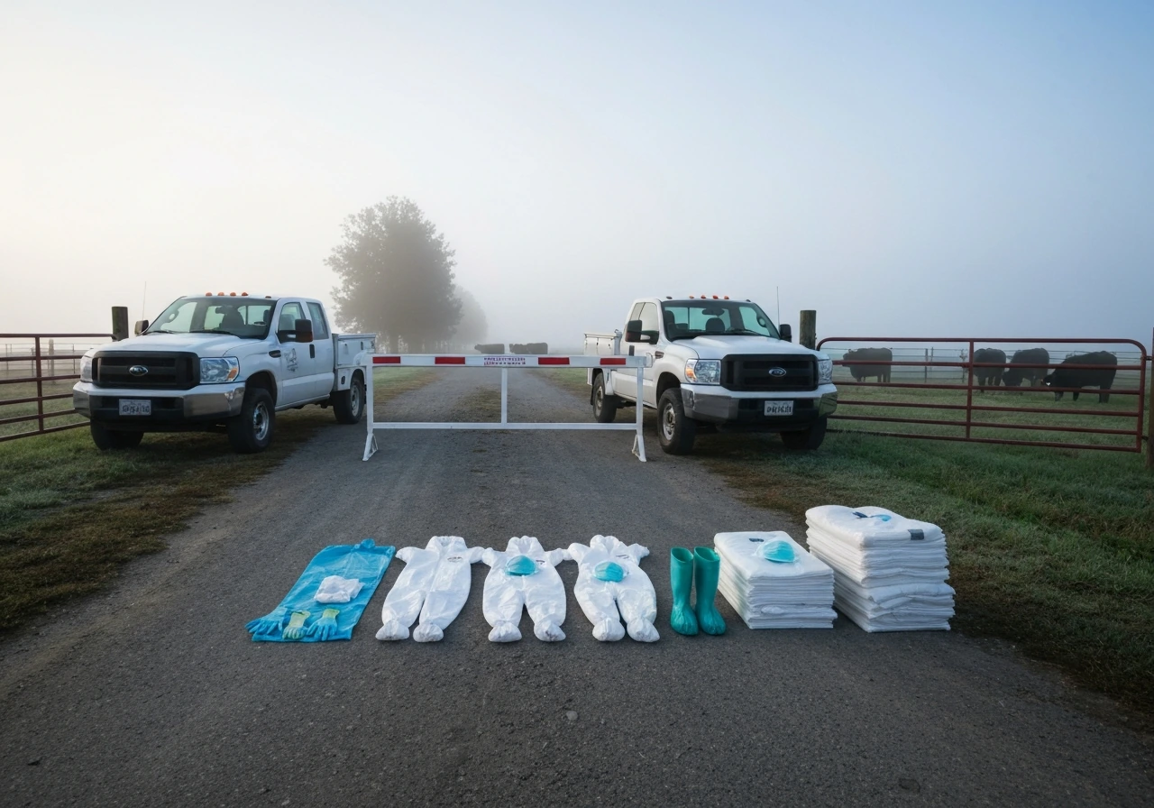 Biosecurity gear and official vehicles at a dairy farm entrance near a closed gate and distant cattle