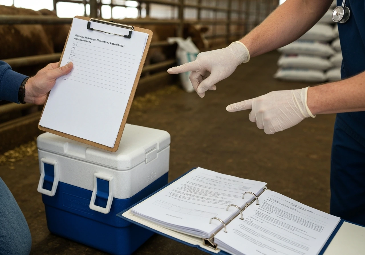 Producer and veterinarian review a checklist beside a sealed sample transport cooler in a barn.