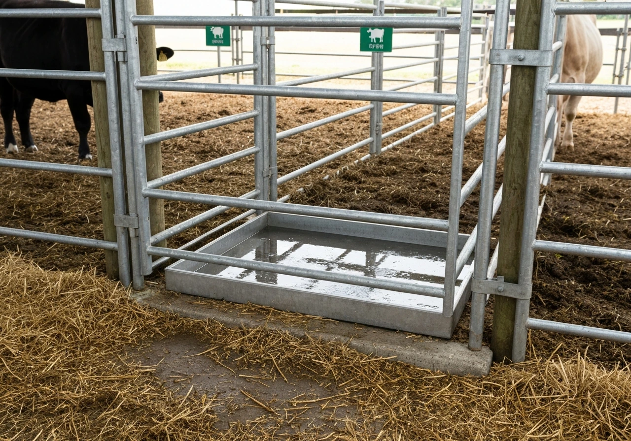 Close-up of a cattle isolation pen entrance with fencing and a disinfectant footbath barrier