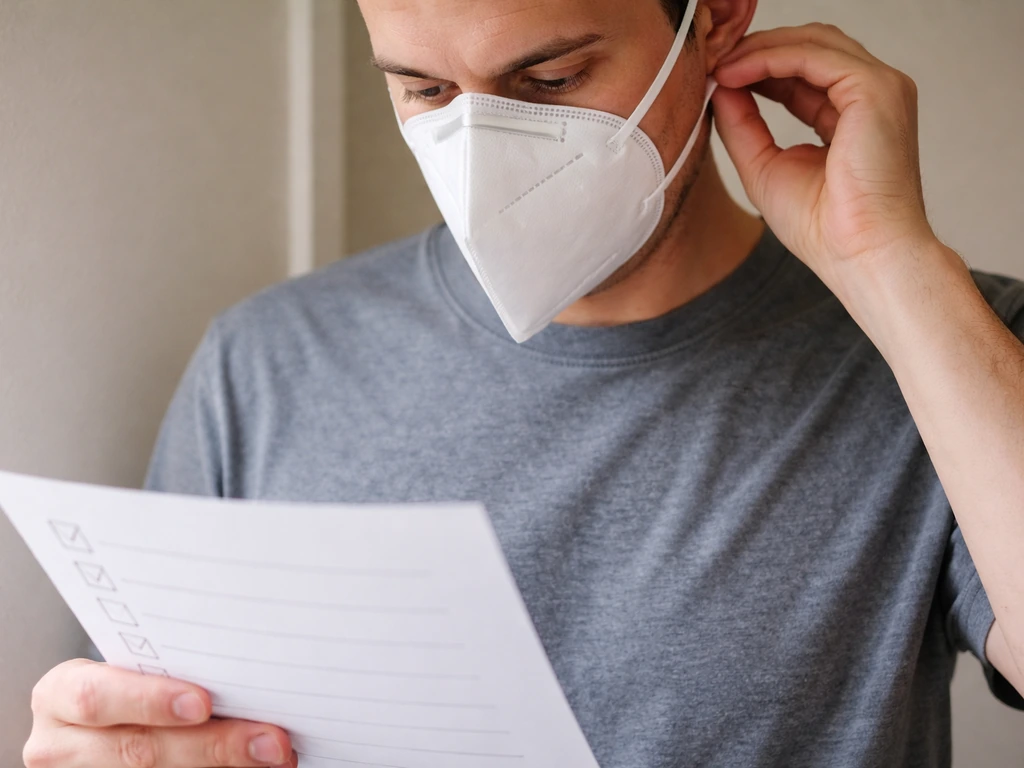 Anonymous adult adjusts a snug respirator while checking a simple checklist paper indoors.
