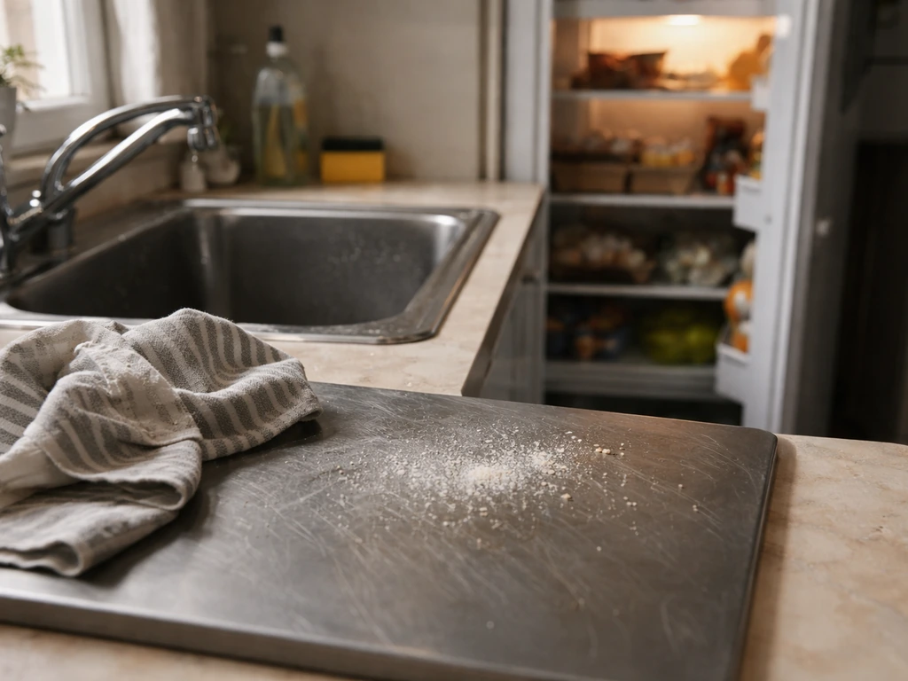 Minimal kitchen surface scene with droplets and residue suggesting indirect contact contamination.