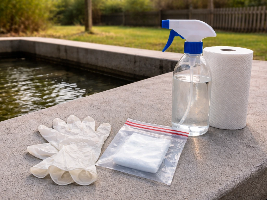 Gloves, disinfectant, and sealed bag set up for safe decontamination and hand hygiene outdoors.