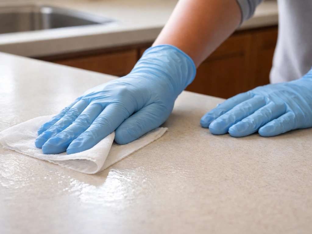 Gloved hands wiping a kitchen counter with bleach disinfecting wipes, surface kept visibly wet.