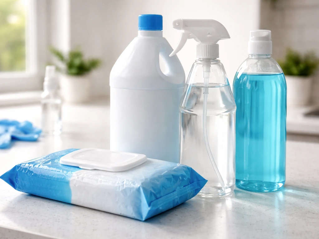 Close-up of Clorox-style bleach wipes and other disinfectant bottles on a kitchen counter