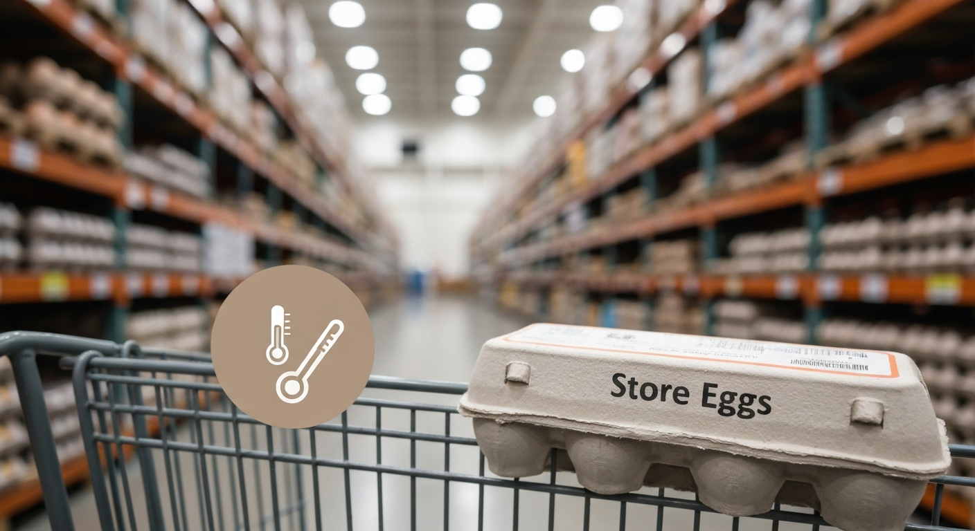 Carton of eggs in a shopper's cart inside a large warehouse grocery aisle, with a small thermometer/checkmark overlay to suggest food-safety assurance.