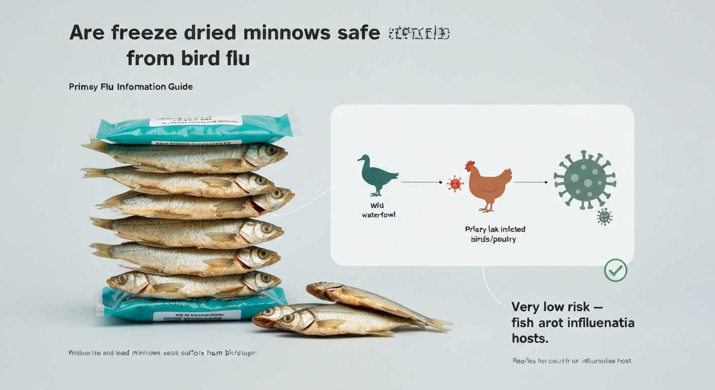 Packaged freeze-dried minnows with a simple infographic showing bird/poultry linked to virus risk and a green check indicating very low risk for minnows.