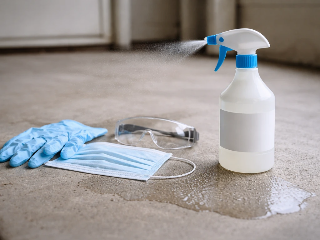Protective cleaning gear beside a hydrogen peroxide spray on a concrete surface for safe disinfection.