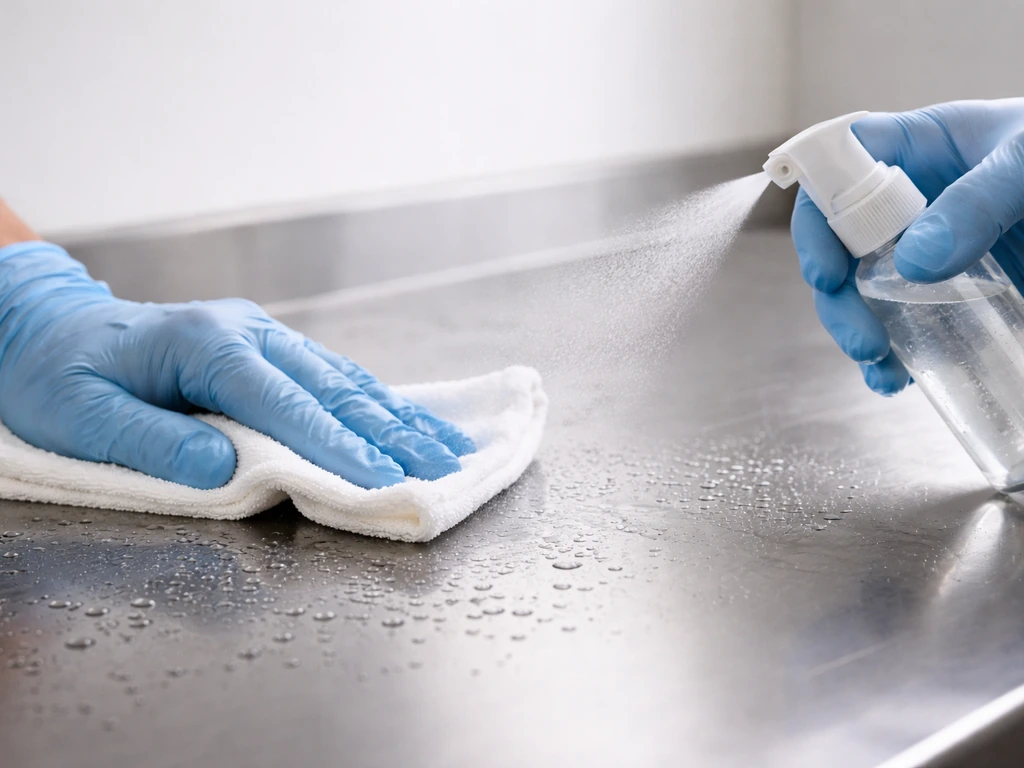 Close-up of hydrogen peroxide spray wiping a non-porous surface for virus disinfection, no birds.
