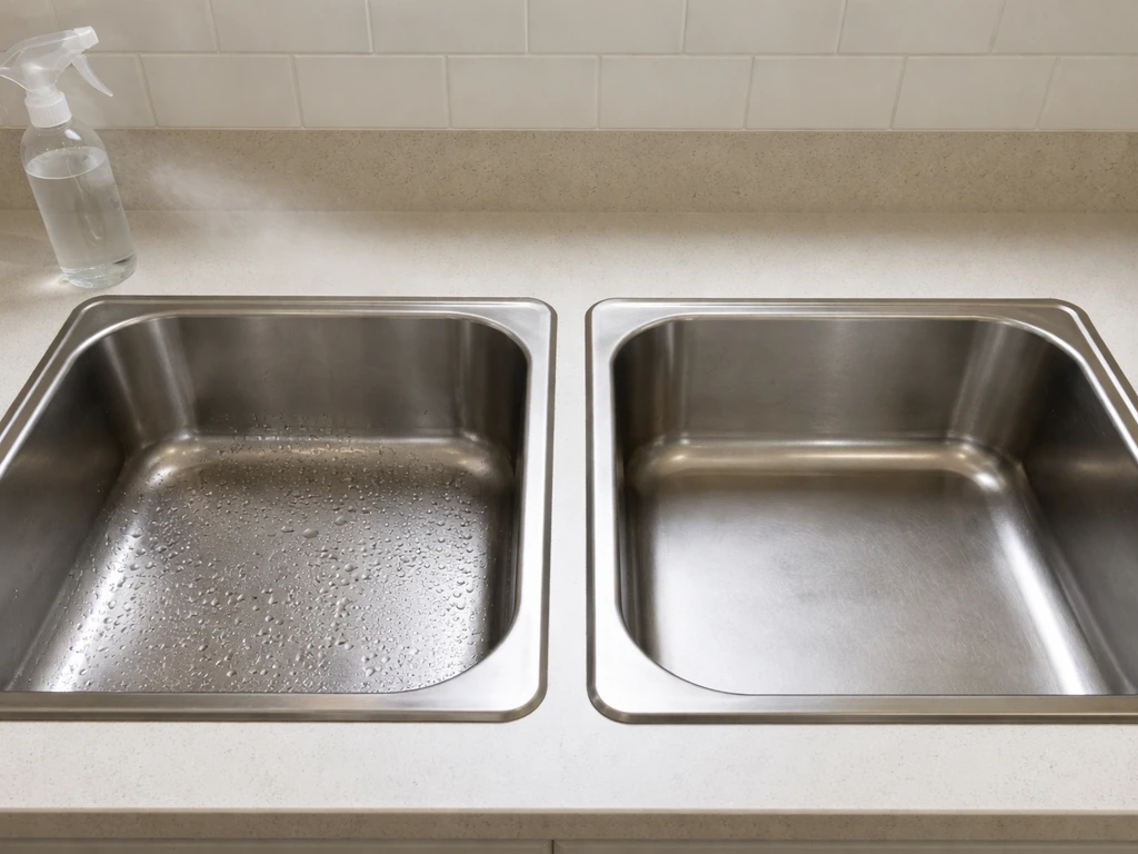 Two nearby kitchen surfaces: one visibly wet with disinfectant, the other dried and dull.