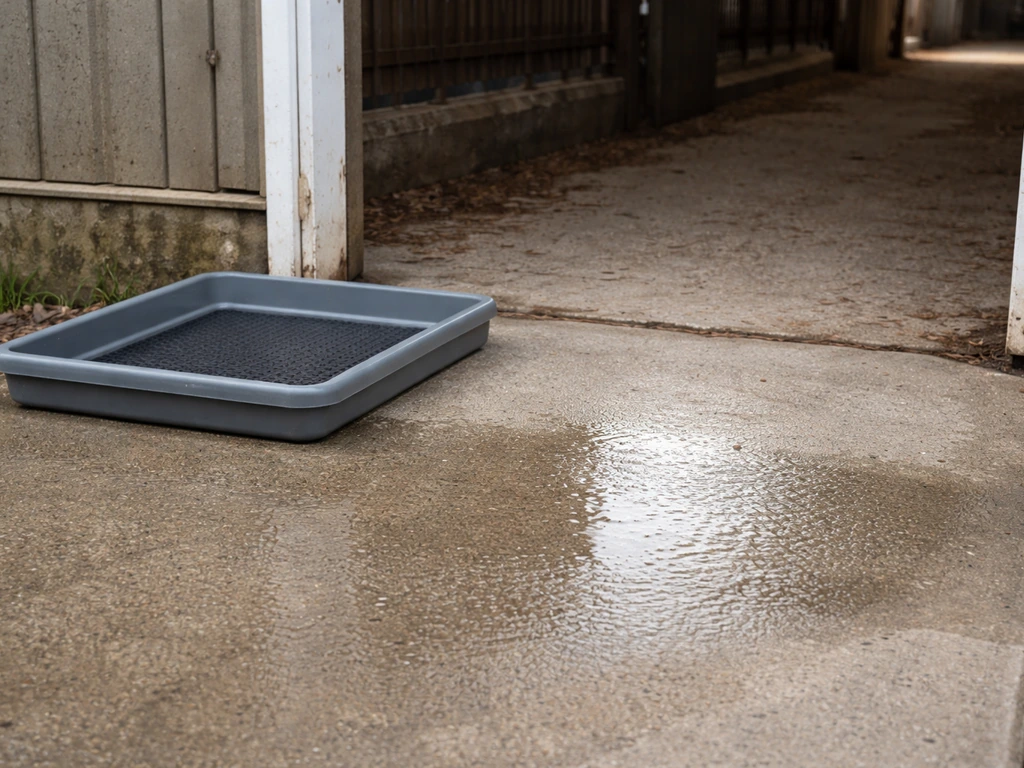 A concrete barn entryway with an open footbath tray and fresh hydrogen peroxide-like solution on the floor