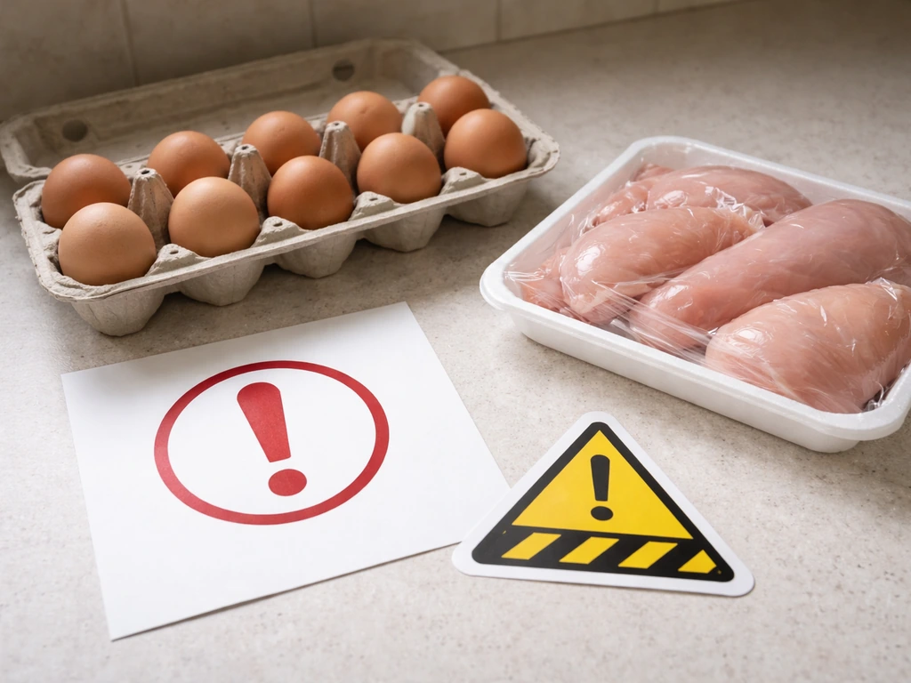 Raw eggs and chicken on a kitchen counter with a generic red warning sign nearby.