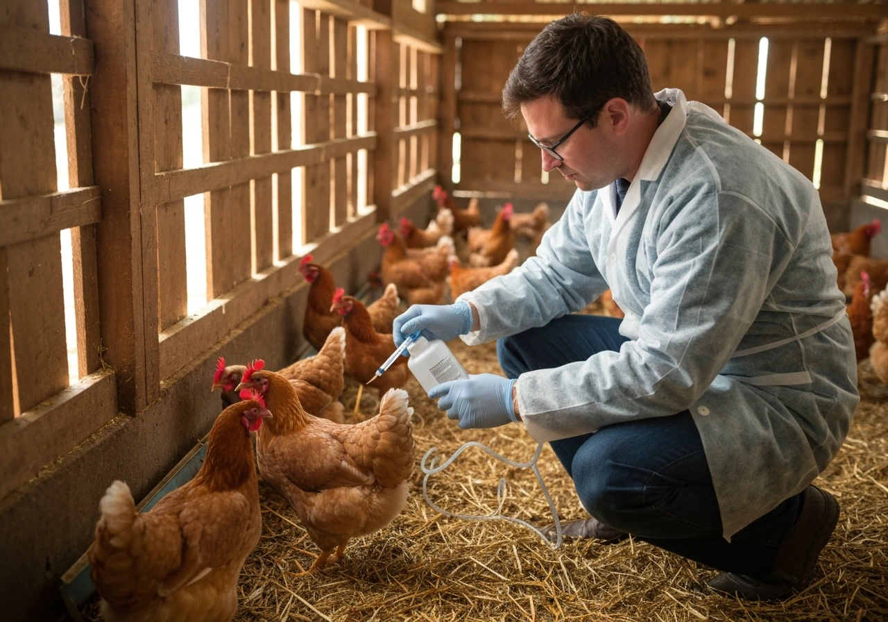 Veterinarian preparing and administering an avian influenza vaccine to chickens in a quiet coop setting.