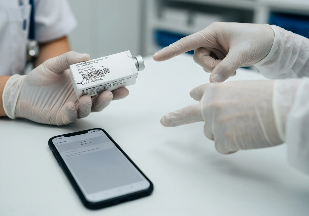 Gloved hands inspecting vaccine packaging next to a phone showing an approval-page-like screen.