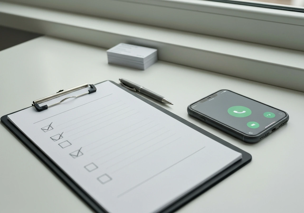 Clipboard with blank checklist and smartphone on a desk, suggesting call and contact follow-up steps.