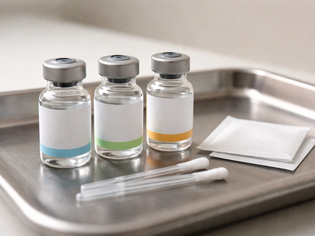 Close-up of three unlabeled vaccine vial caps beside a sterile tray, suggesting different bird-flu vaccine targets