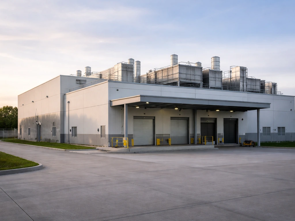 Robust modern vaccine manufacturing facility exterior with clean HVAC vents and loading bays