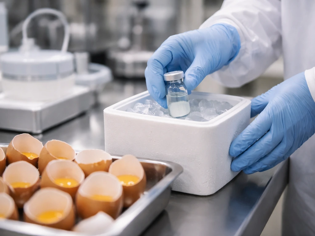 Sanofi-branded vaccine production scene with egg-based influenza research tools and clean lab setting