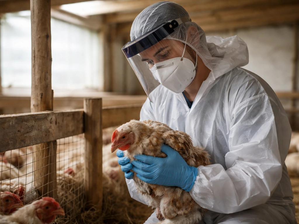Protective-gear veterinarian carefully examines sick poultry in a simple farm coop.