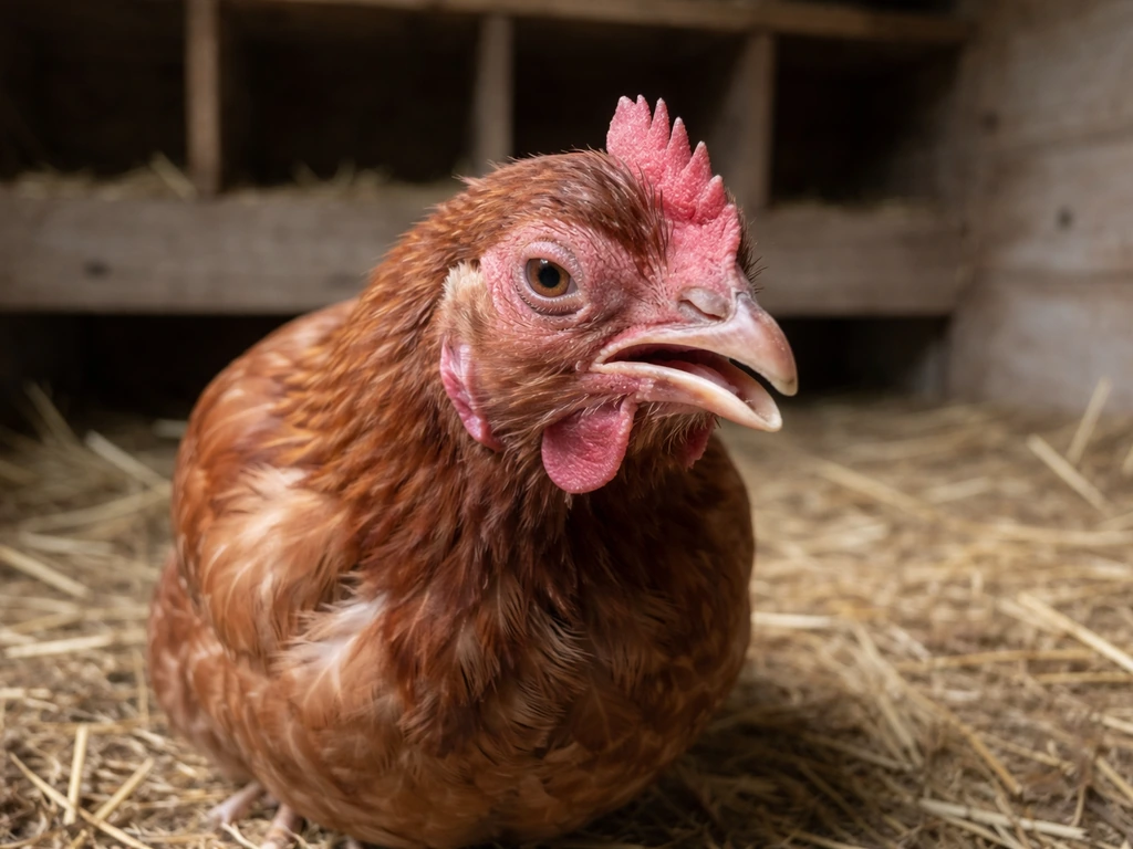 Close-up of a sick chicken with swollen face in a quiet coop, showing respiratory distress
