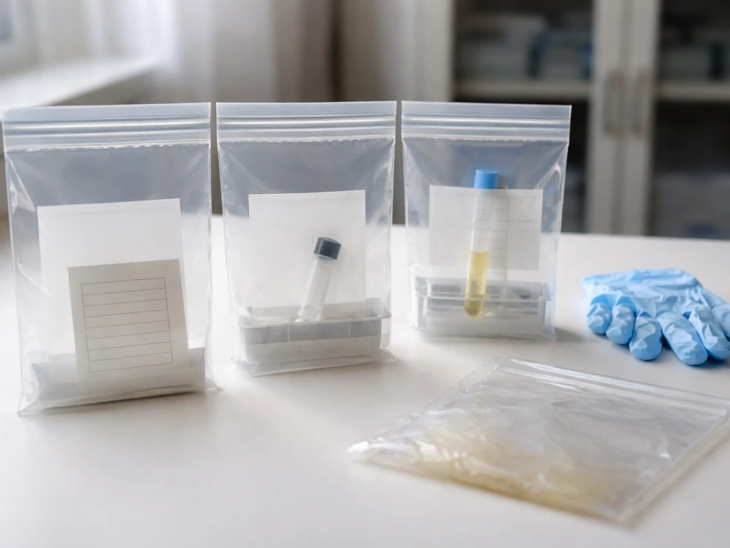 Minimal lab bench with sealed specimen pouches, gloves, and tubes suggesting case status progression.
