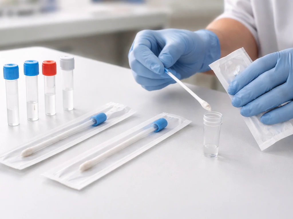 Gloved lab technician preparing cloacal and oropharyngeal swabs and specimen tubes for bird flu testing.