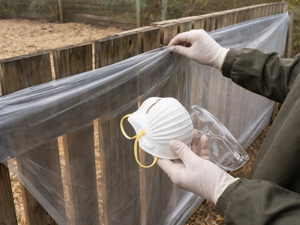 Gloved person in PPE sealing off a poultry enclosure edge, preparing respirator and eye protection