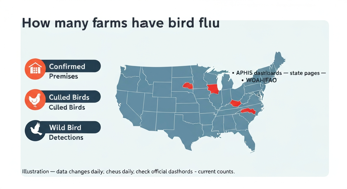 Infographic-style illustration showing a U.S. map with highlighted states, counters for Confirmed Premises, Culled Birds, and Wild Bird Detections, and a short list of official data sources. Caption notes data change daily.