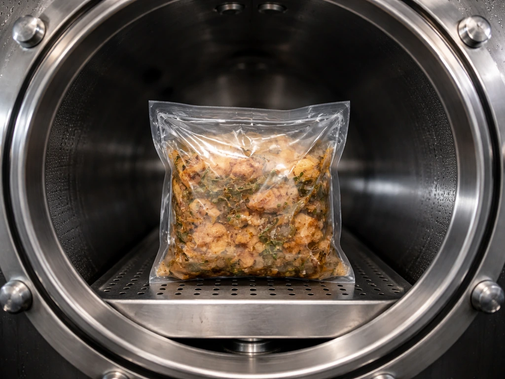 Sealed food pouch inside a stainless high-pressure processing vessel, suggesting pressure-based pathogen inactivation.