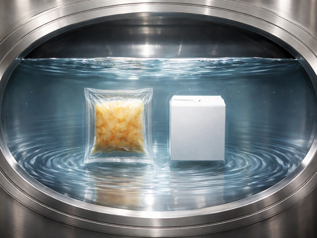 Cross-section style view of a pressure vessel compressing sealed food packages under high water pressure.