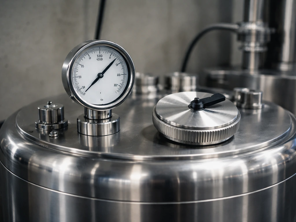 Close-up of a stainless processing vessel with pressure gauge and a simple indicator wheel showing HPP variables.