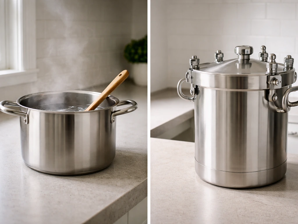 Minimal kitchen scene showing steaming food beside a sealed container, suggesting cooking vs high-pressure processing.